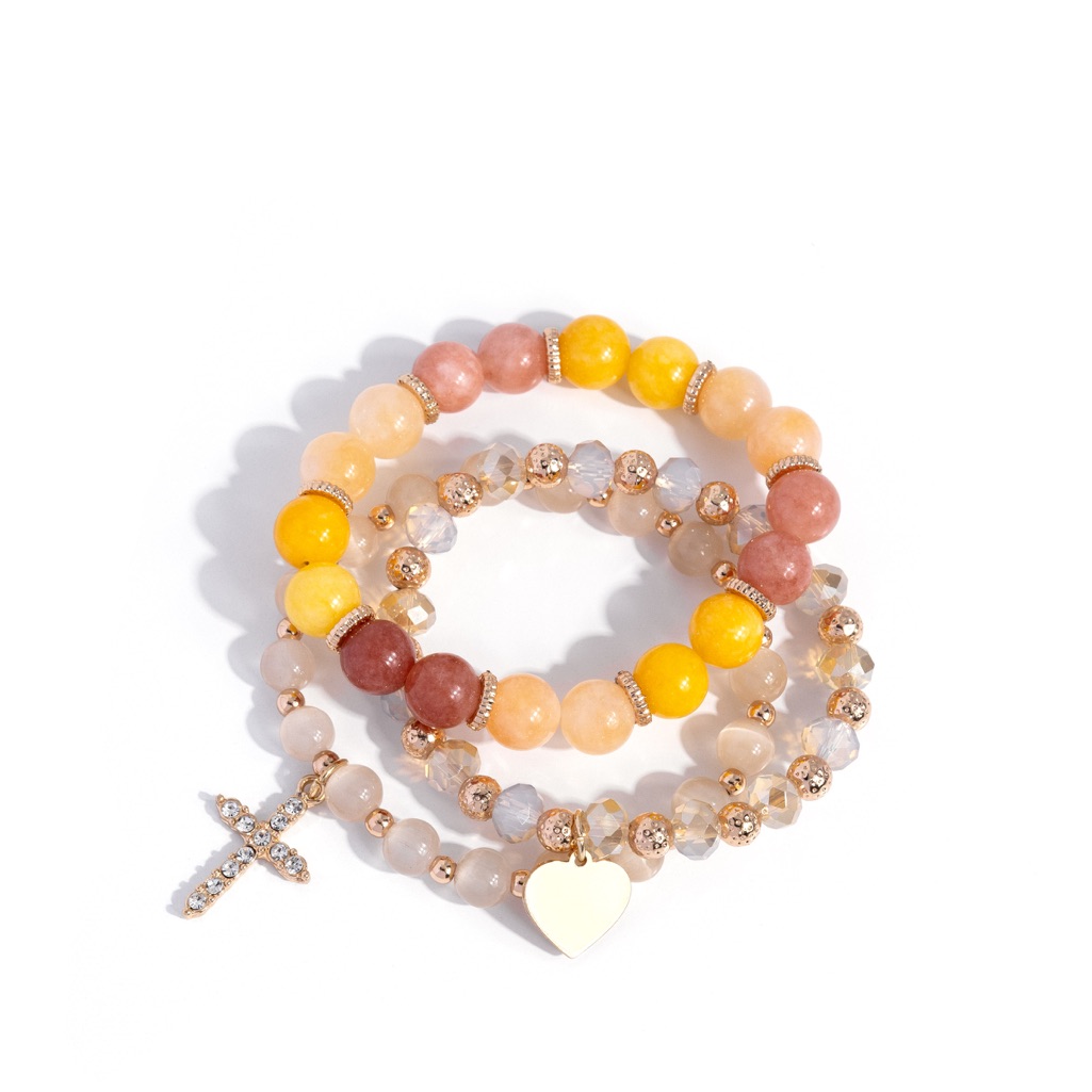 Elegant Multi-Color Beaded Bracelet Set With Cross & Heart Charms